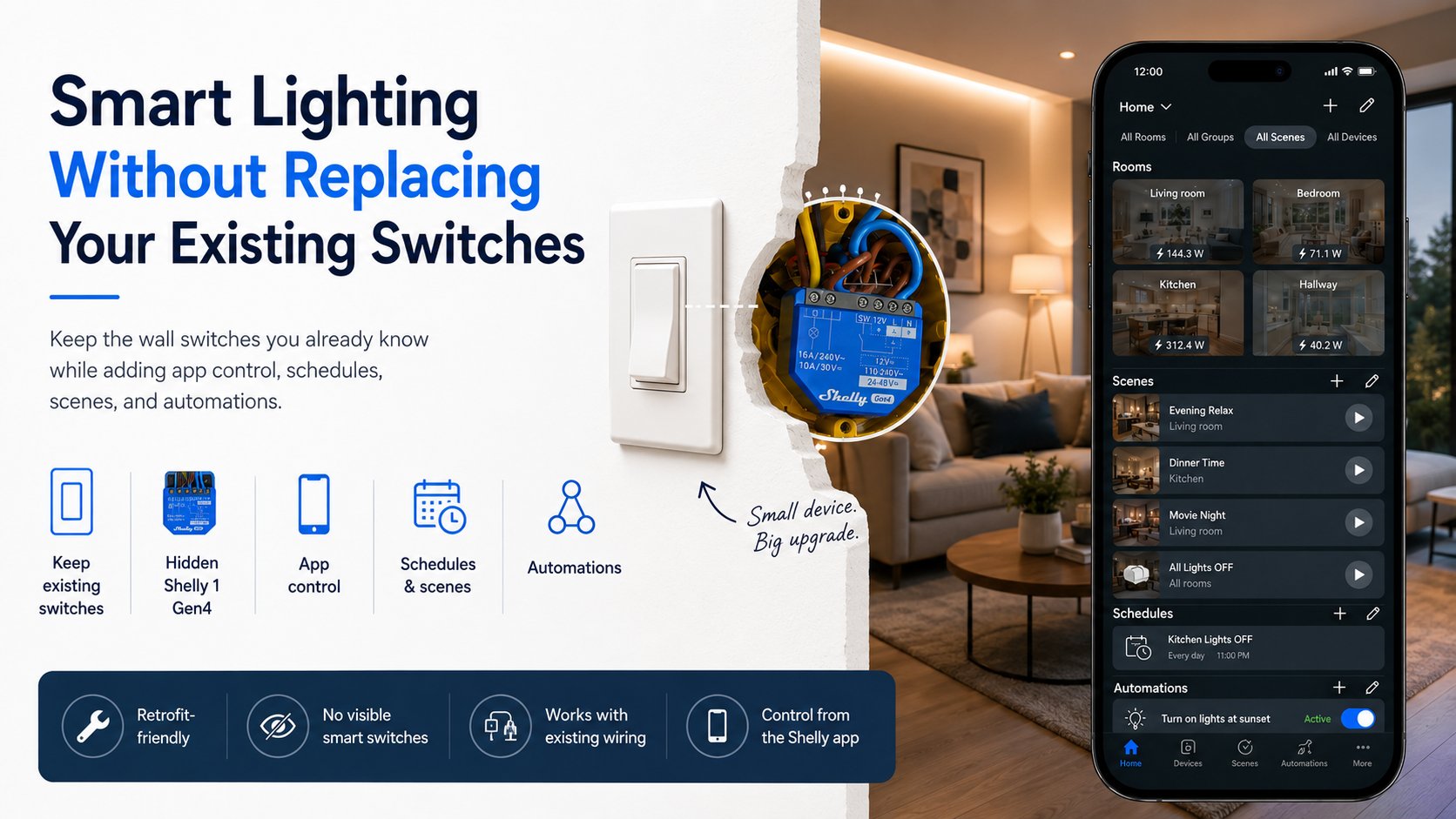 Obraz pulpitu w stylu redakcyjnym pokazujący telefon lub tablet z elementami sterowania smart home i prostym wykresem energii.
