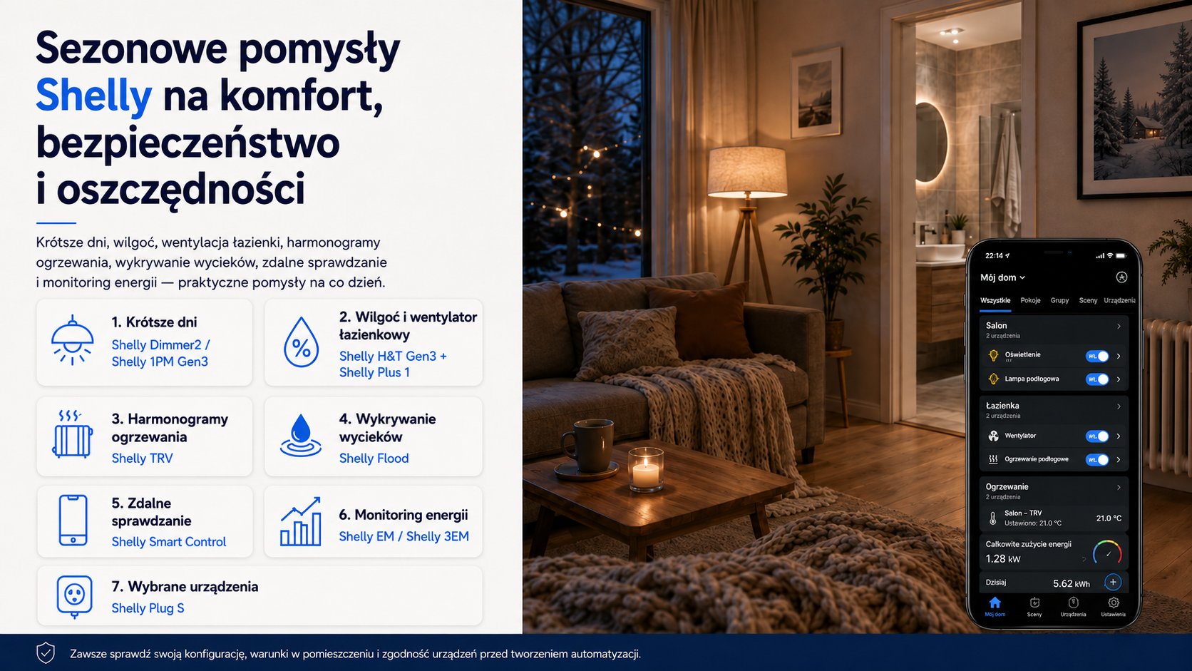 Przytulne zimowe wnętrze domu w świetle wczesnego wieczoru, sugerujące praktyczną konfigurację smart home na ciemne dni.