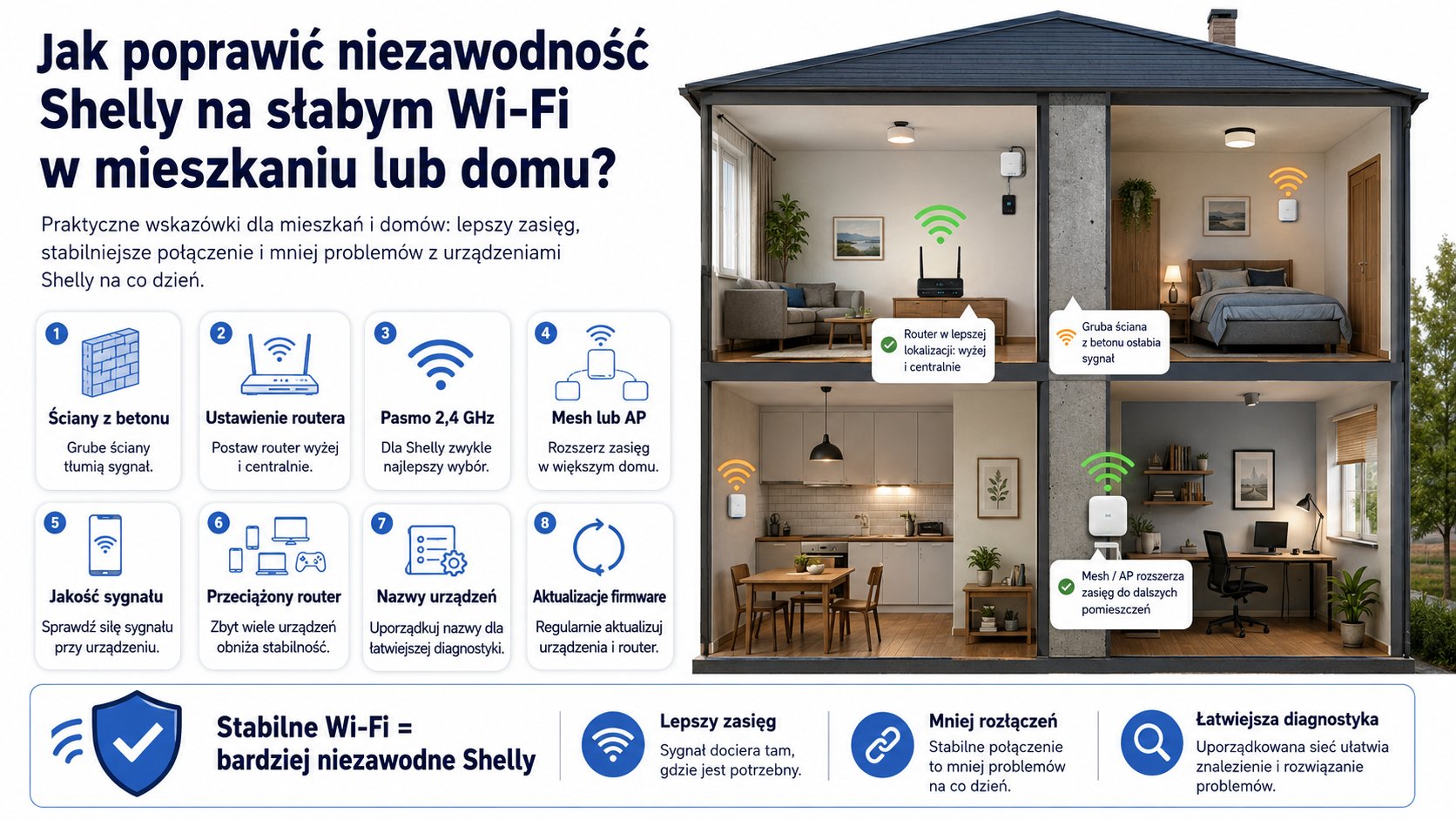 Jak poprawić niezawodność Shelly na słabym Wi-Fi w mieszkaniu lub domu?