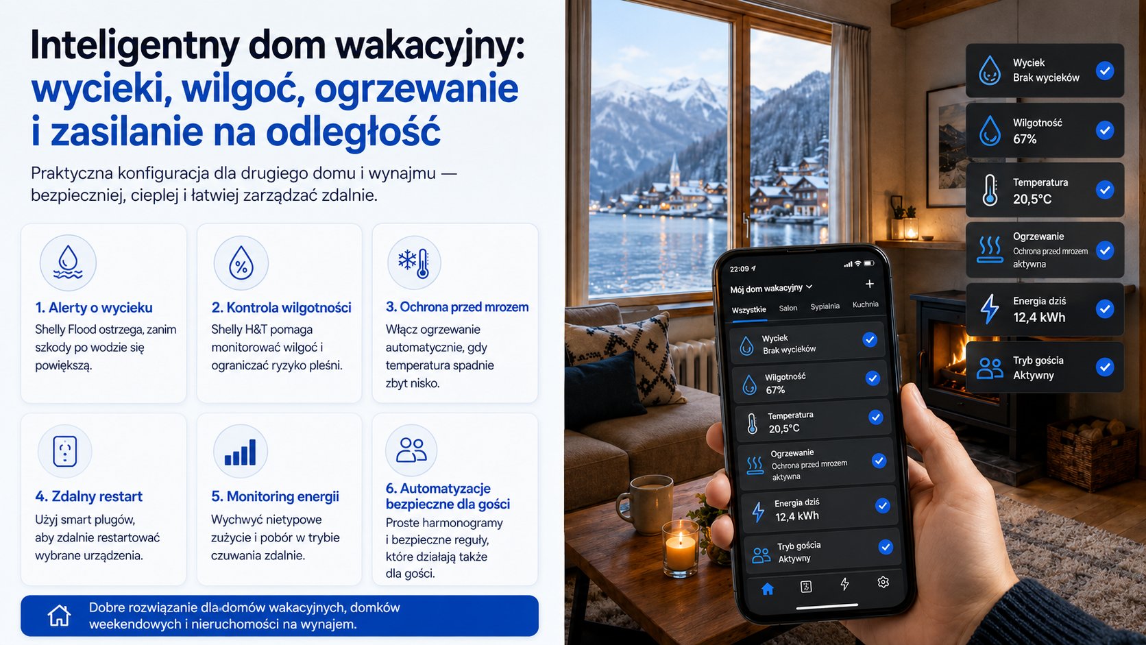 Inteligentny dom wakacyjny: wycieki, wilgotność, ogrzewanie i zasilanie na odległość