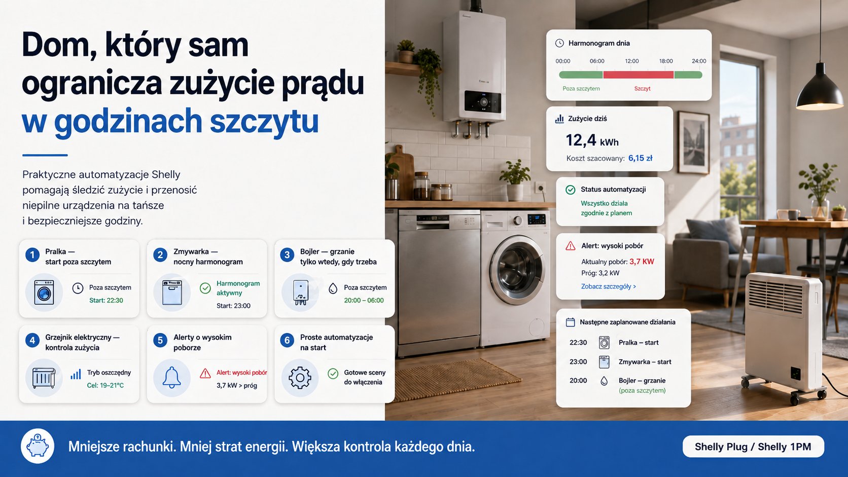 Prosty domowy system monitorowania energii w polskim mieszkaniu, z telefonem pokazującym dane o zużyciu i obok inteligentną wtyczkę.